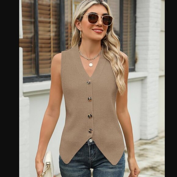 Rapbin Button Down Sleeveless Sweater Vest - Camel - Small - Picture 1 of 10